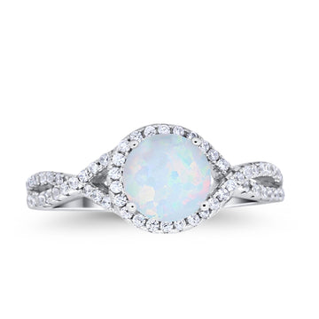 Halo Twisted Engagement Ring Lab Created White Opal 925 Sterling Silver